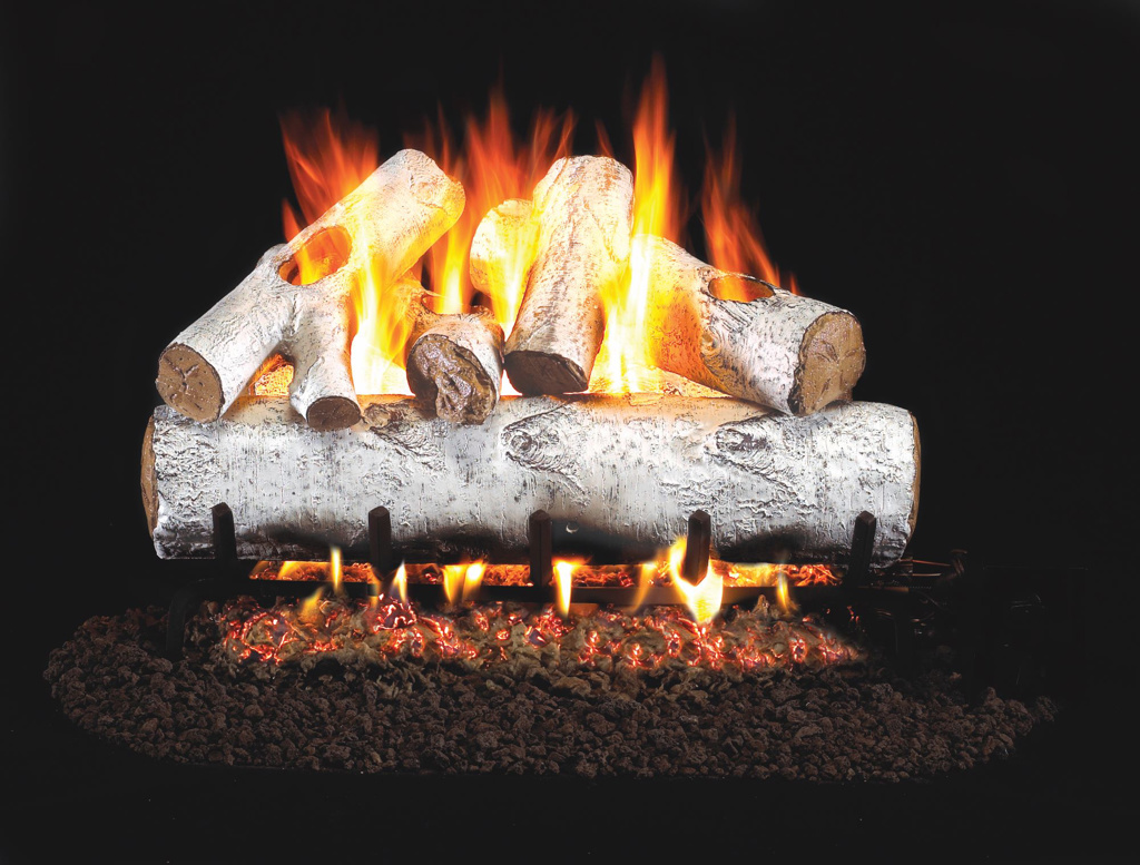 white birch gas log set the fire place