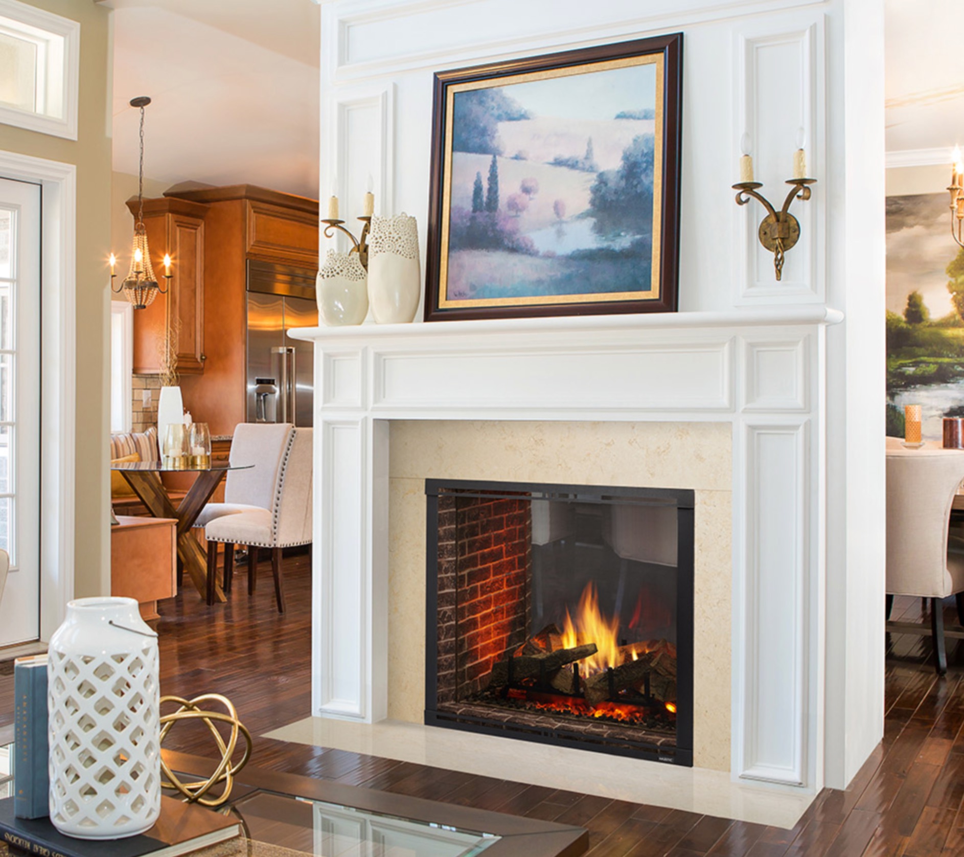 Majestic Marquis 2 See Through Fireplace in a divider wall with a snow white surround