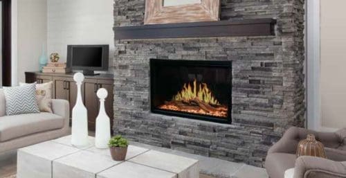 modern flames traditional virtual electric installed in gray stacked stone with mantle in a living room