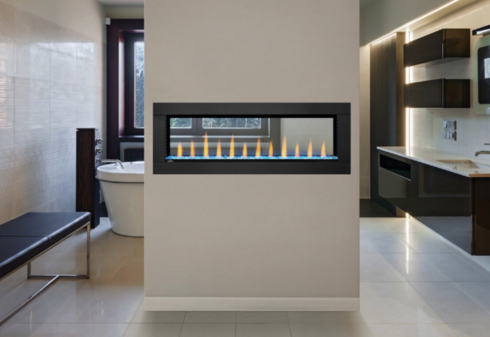 Napoleon CLEARion Elite 50" See-Through Built-In Electric Fireplace in bathroom