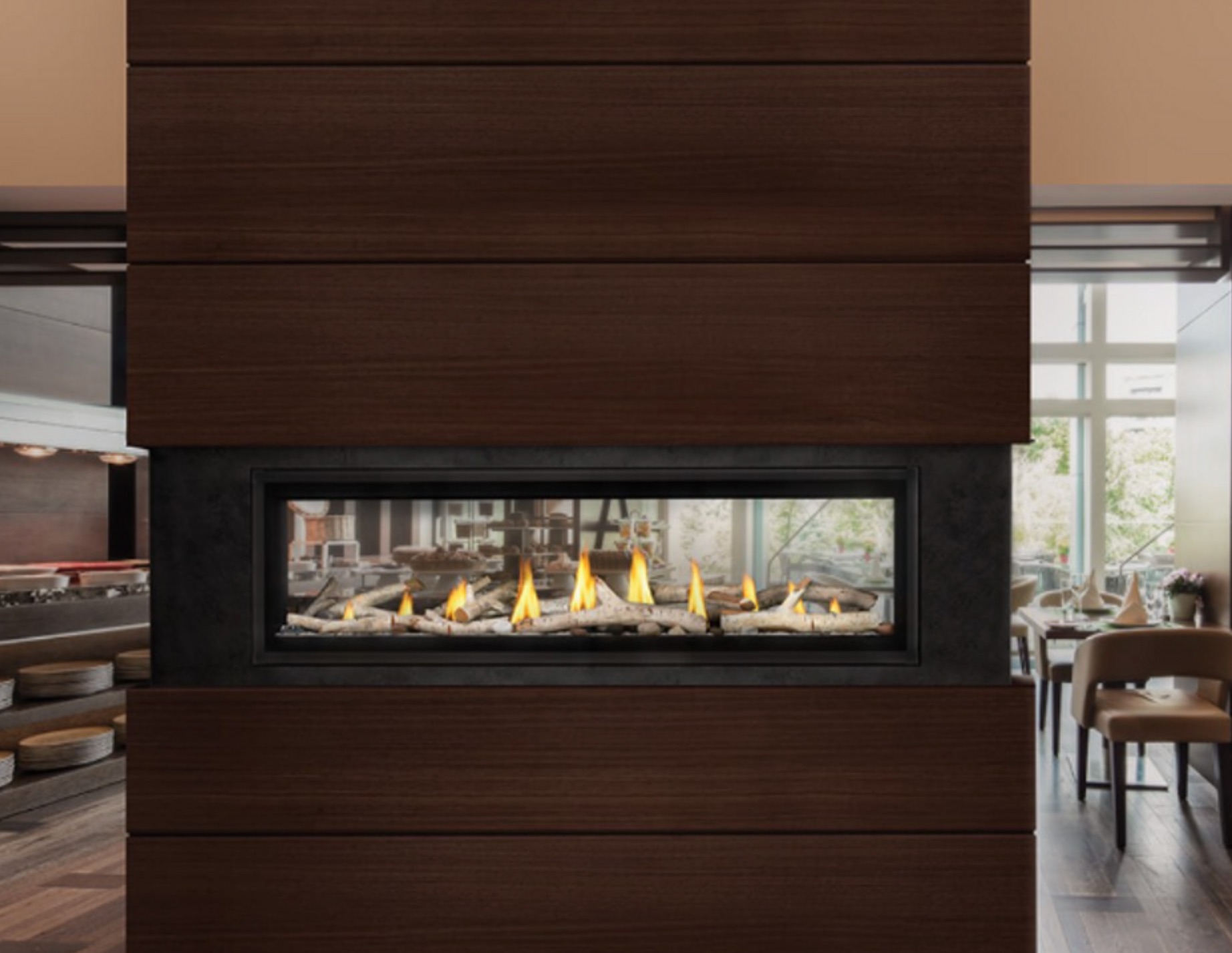 napoleon gas fireplace in brown paneled dividing wall see through