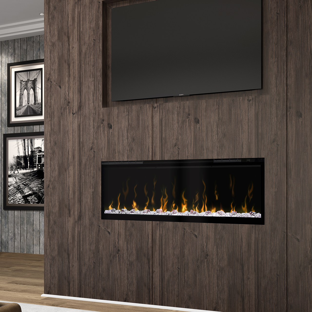 dimplex ignite xl electric fireplace installed in a brown wood media wall beneath a television