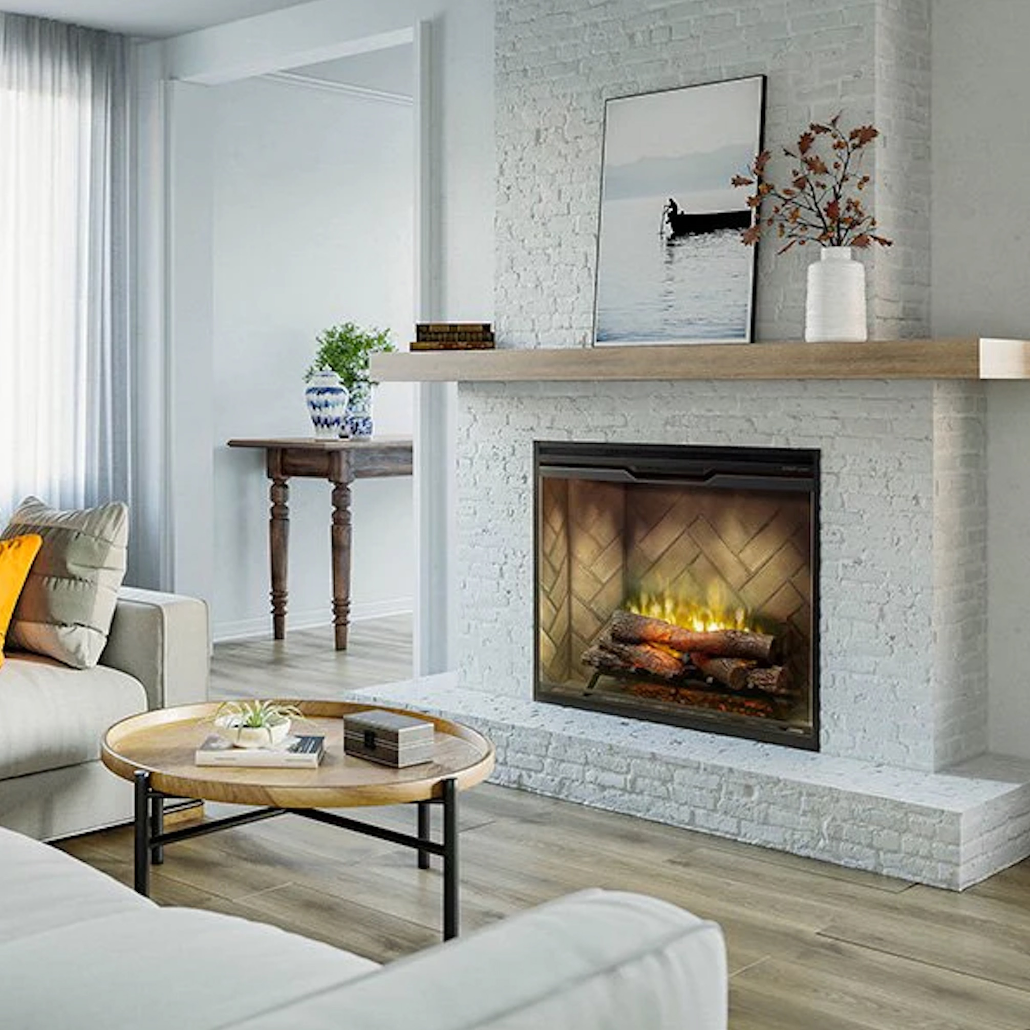 dimplex revillusion electric fireplace wit white brick surround and oak mantle in living room
